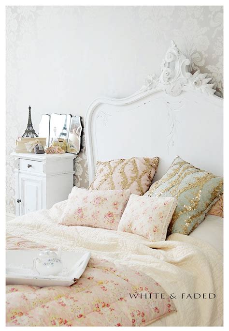 Romantic Bedroom With Vintage Eiderdown And Custom Made White And Faded
