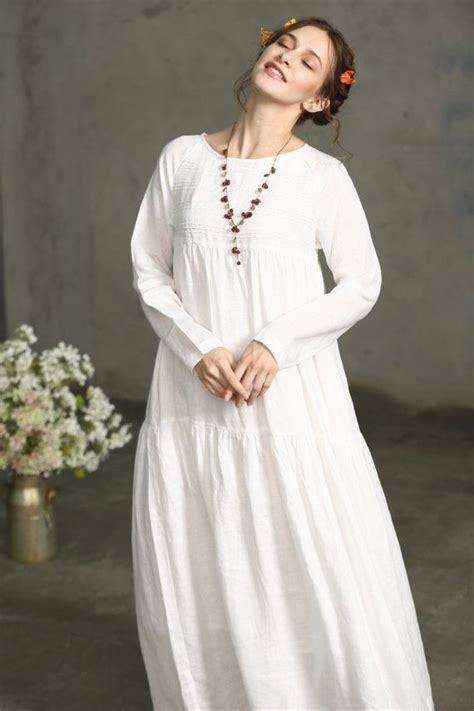 White Dress Maxi Linen Dress Drop Shoulder Sleeve Dress Maxi Robes
