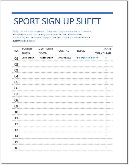 Sports Sign Up Sheet Template Microsoft Word And Excel Templates