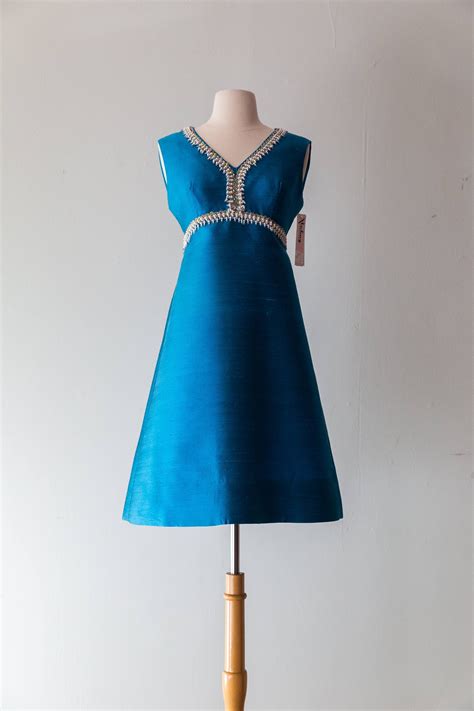 vintage 1960s dress 60s beaded teal blue cocktail dress with rhinestones mod party dress