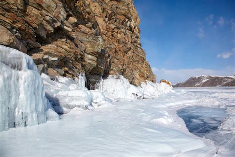 Rocks Covered By Ice On Winter Siberian Baikail Lake Stock Photo