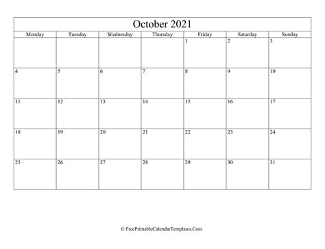 Blank Editable October Calendar 2021 Landscape