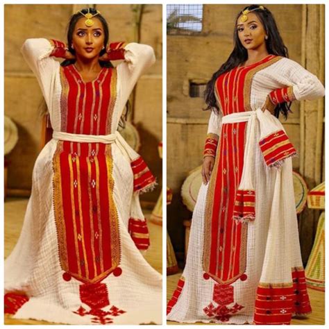 Lady In Beautiful Habesha Kemis Dress With Full Red Embroidery