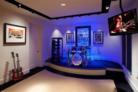 47 x 28 x 38 inches. Contemporary Black and White Music Studio with Stage | Home music rooms, Home studio music ...
