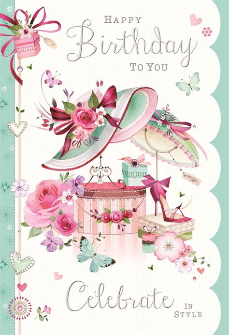 Greeting Card JJ Female Birthday Elegant Hats And Flowers Foil And Flittered Finish