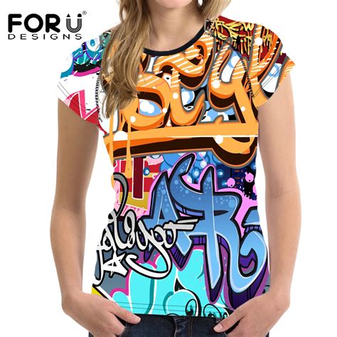 Forudesigns Mulit Color Graffiti Women Shirts O Neck Elastic