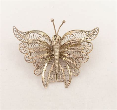 Large Sterling Silver Filigree Butterfly Brooch C Clasp Etsy