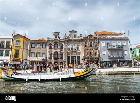 Traditional Protuguese Boats On The River In Aveiro Old Town Portugal