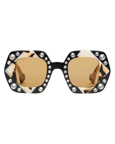gucci crystal embellished rectangular frame sunglasses in black lyst