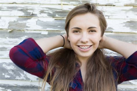 760 Young Caucasian Teen Girl Portrait With Dental Teeth Braces Stock