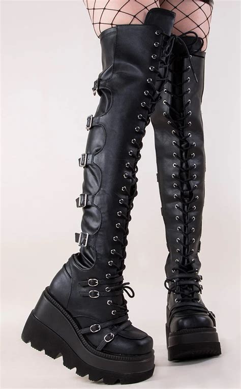 Demonia Shaker 350 Black Thigh High Boots Gothic Shoes Australia