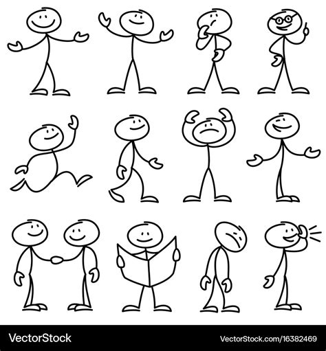 Cartoon Hand Drawn Stick Man In Different Poses Vector Image