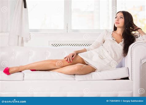 Brunette Posing On The Sofa Stock Image Image Of Black Glamour 75845893