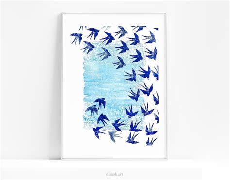 Blue Bird Prints Linocut Poster Printable Wall Art Bedroom Etsy