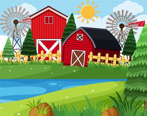 Red Barns On Farm Scene 591616 Vector Art At Vecteezy