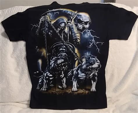 Grim Reaper Scythe Pitbull Skull Lightning Graveyard Santa Muerte T