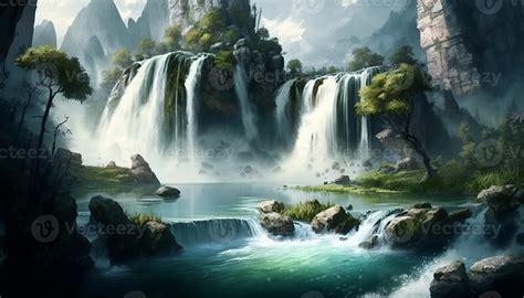 Waterfall Landscape Painting In Nature Background 21989141 Stock