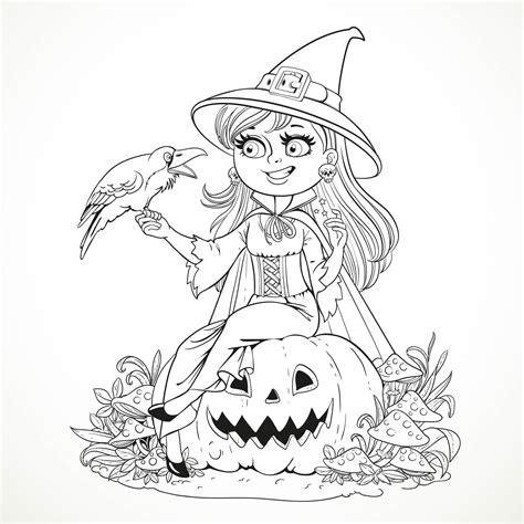 Tous Les Dessins D'halloween Et De Grandet De Sorciere - Beautiful witch sitting on a pumpkin and talking to a black raven. A