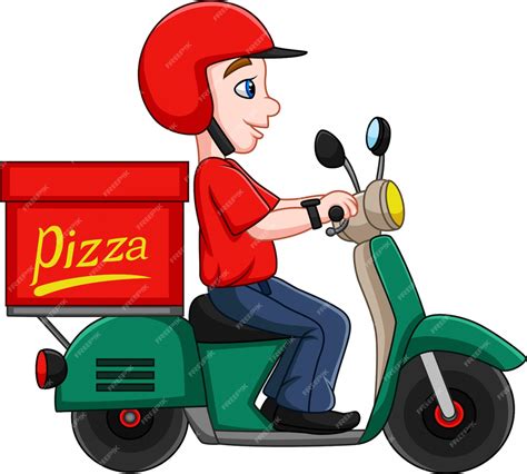 livreur de pizza dessin animé sur un scooter vecteur premium