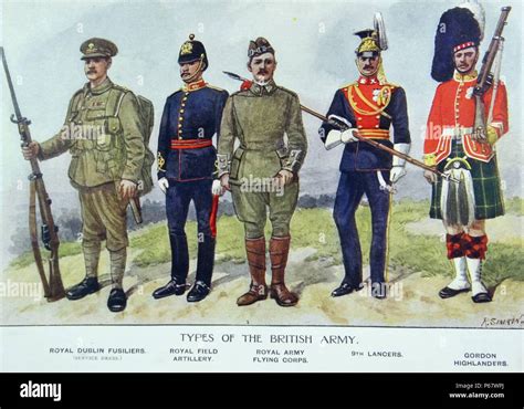 British Soldiers In Different Regimental Uniforms During World War One