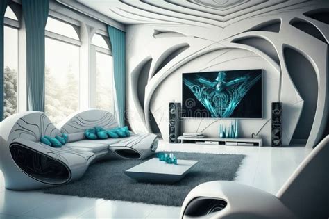 Futuristic Living Room With Sleek Furniture And Futuristic Technologies