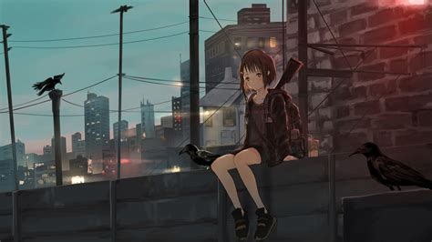 1920x1080 Anime Girl Sitting Alone Roof Sad 4k Laptop Full
