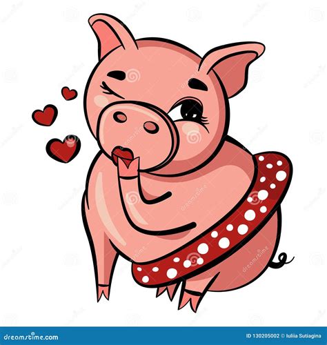 Cute Pig Blows Kiss Pink Pig Winks With Eye Fat Adult Pig Sits In