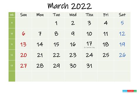 March 2022 Calendar With Holidays Printable Template K22m291