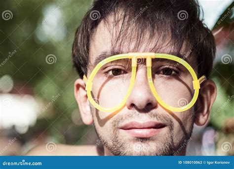 Face Of Young Men Wearing A Strange Glasses Stock Photo Image Of