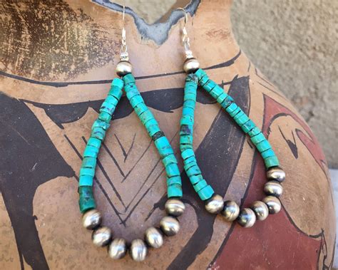 Turquoise Heishi And Sterling Silver Bead Loop Hoop Earrings For Women