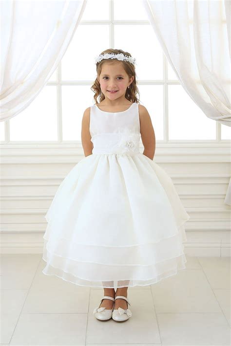 Ivory Organza Simple Layered Flower Girl Dress With Sash Organza