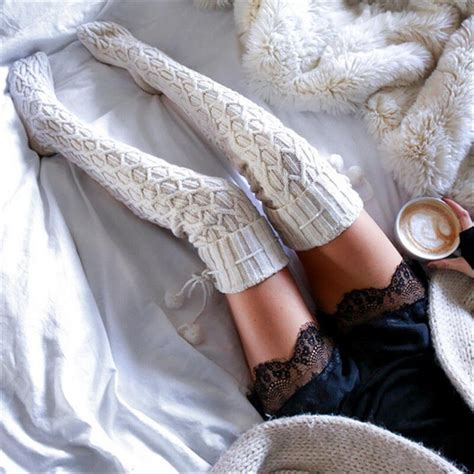 winter warm stockings women knit crochet cotton soft thick long thigh high leggings beige purple