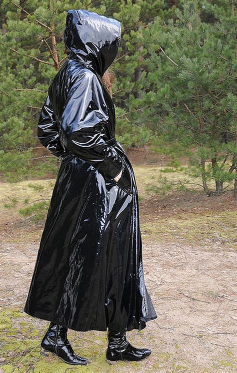 Long Shiny Black Pvc Raincoat Regenmantel Schwarzer Regenmantel