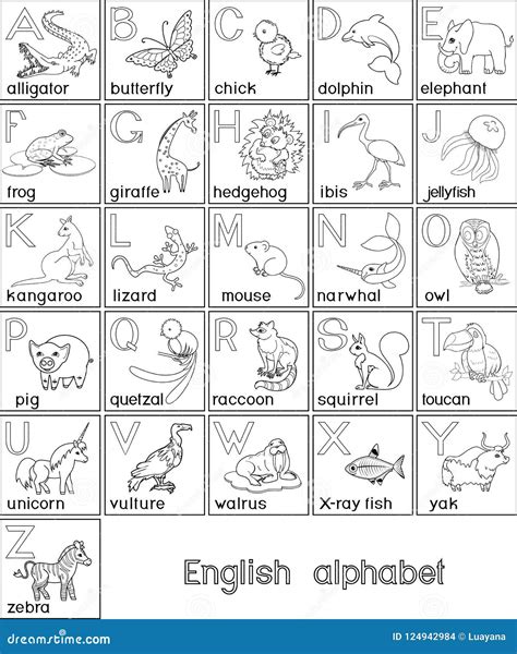 Coloring Page English Alphabet With Pictures Of Cartoon Animals And