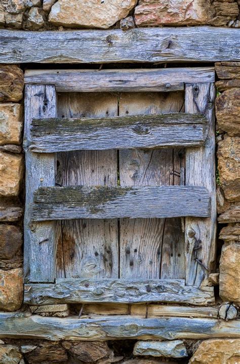 Old Wooden Window In A Stone Wall Stock Photo Image Of Blue Worn