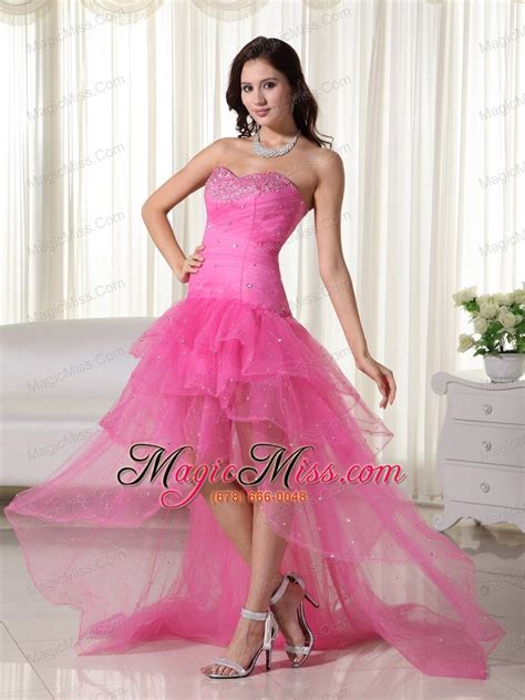 Pink A Line Princess Sweetheart High Low Organza Beading Prom Dress