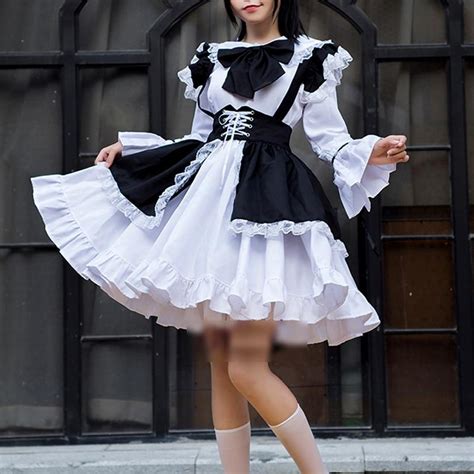 Anime Lolita Gothic Maid Black White Apron Outfit Cosplay Costume Dress