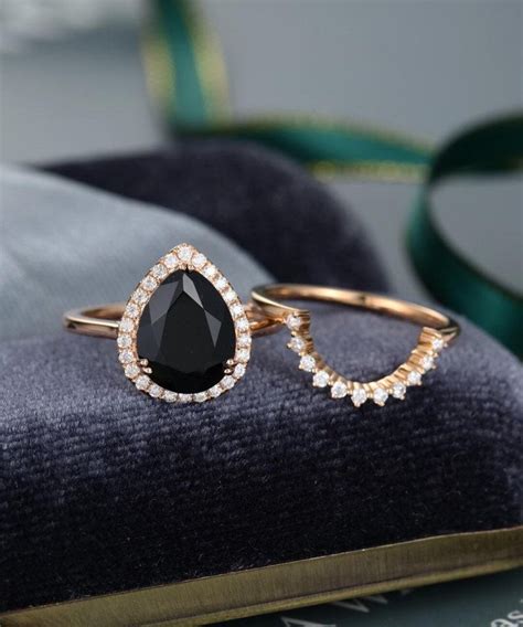 Black Onyx Engagement Ring 2pes Set Vintage Halo Engagement Etsy