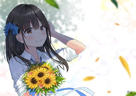 Download 1529x1087 Anime Girl Sunflowers Brown Hair