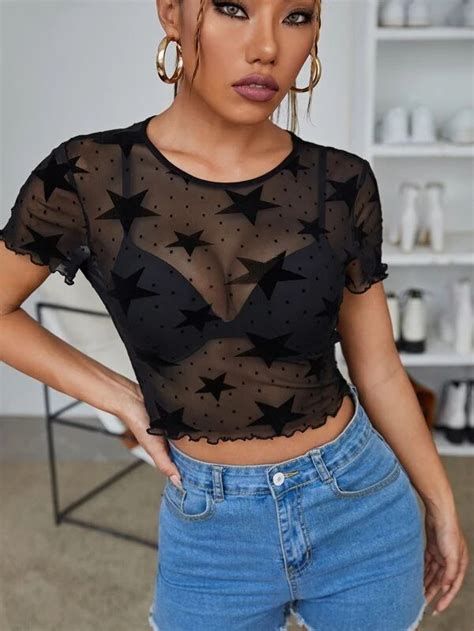 Shein Bae Star Print Sheer Mesh Top Without Bra Shein Usa In 2023 Sheer Mesh Top Tops