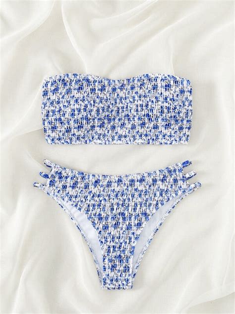 shein swim mod ditsy floral print bikini set smocked cut out bandeau bra and bikini bottom 2 piece