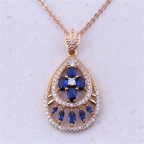 Fabulous Blue Crystal Cubic Zircon Yellow Gold Color Pendant Necklaces Women Fashion Jewelry