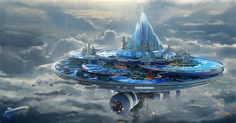 Hd Wallpaper Floating Island Futuristic Sci Fi Clouds Aqua Park