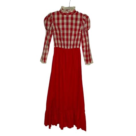 Vintage Handmade 60s 70s Prairie Maxi Dress Cottagecore Lace Red Check