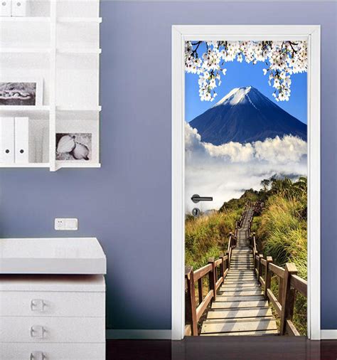 3d Mount Fuji Wooden Stairs 65 Door Mural Aj Wallpaper