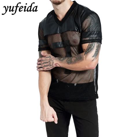 Yufeida Mesh Faux Leather Men Shirts Patchwork Breathable Tight