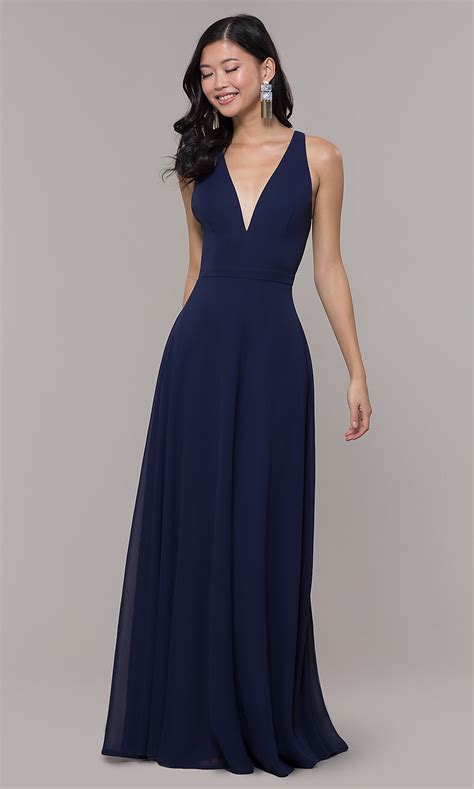 Navy Blue Long V Neck Prom Dress With Cut Out Promgirl
