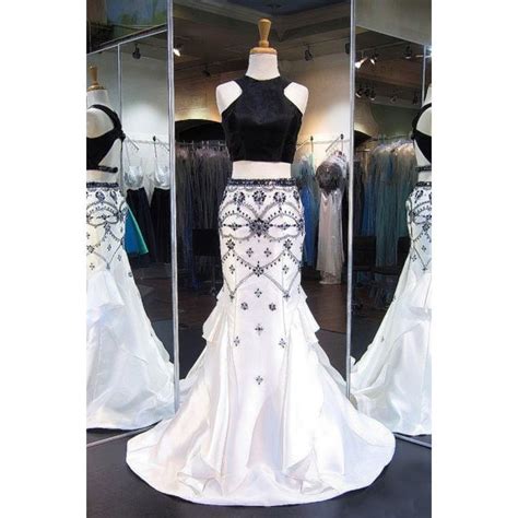 Mermaid Open Back Two Piece Black And White Taffeta Beaded Prom Dress