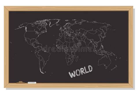 World Map Drawn In Chalk On A Black Blackboard Stock Vector