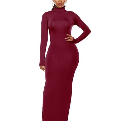 Solid Dacron And Spandex Maxi Dresses Women S Turtleneck Long Sleeve